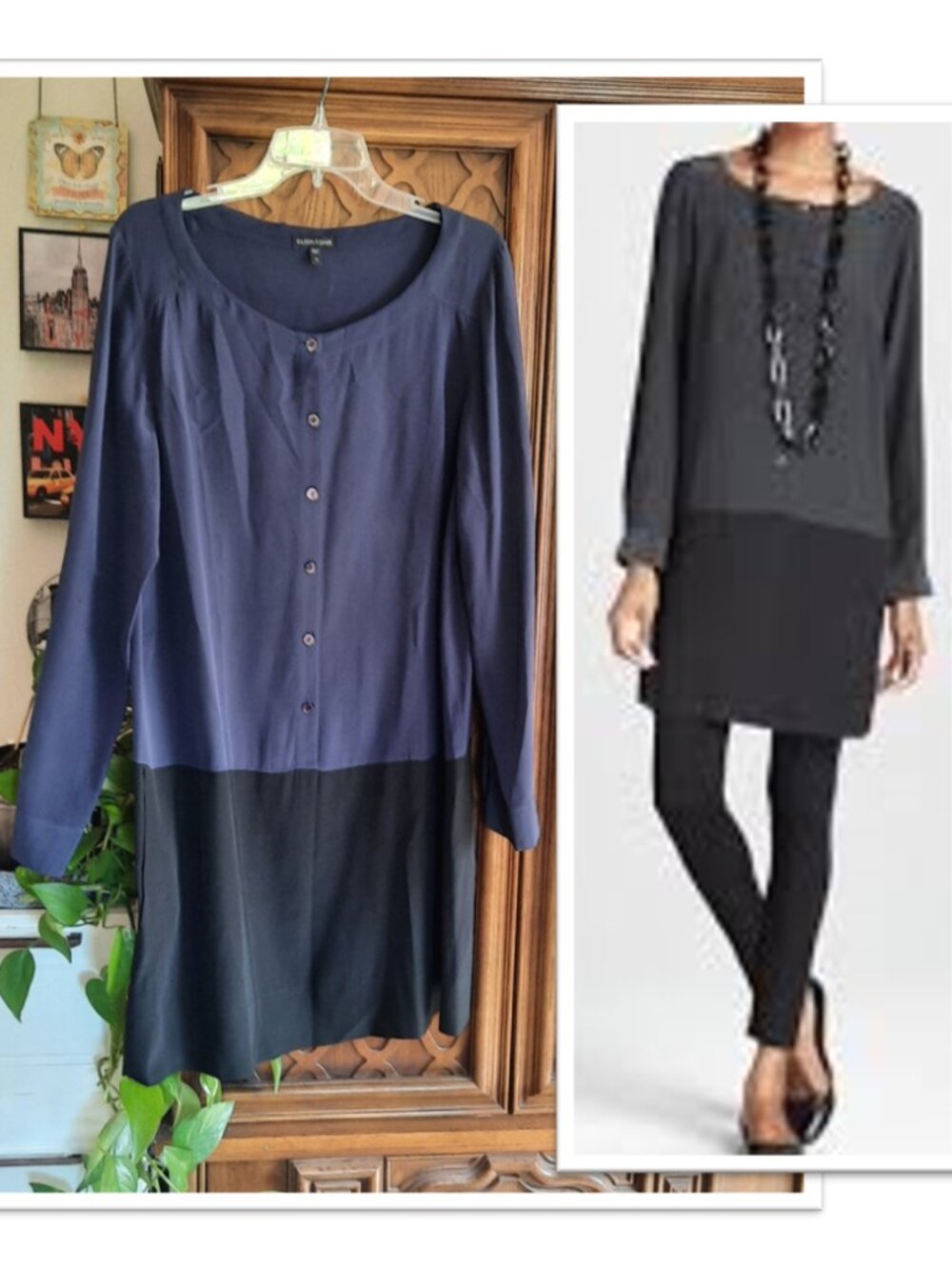 Eileen Fisher Silk Crepe de Chine Colorblock Tunic Shirt Dress - Navy/Black, M